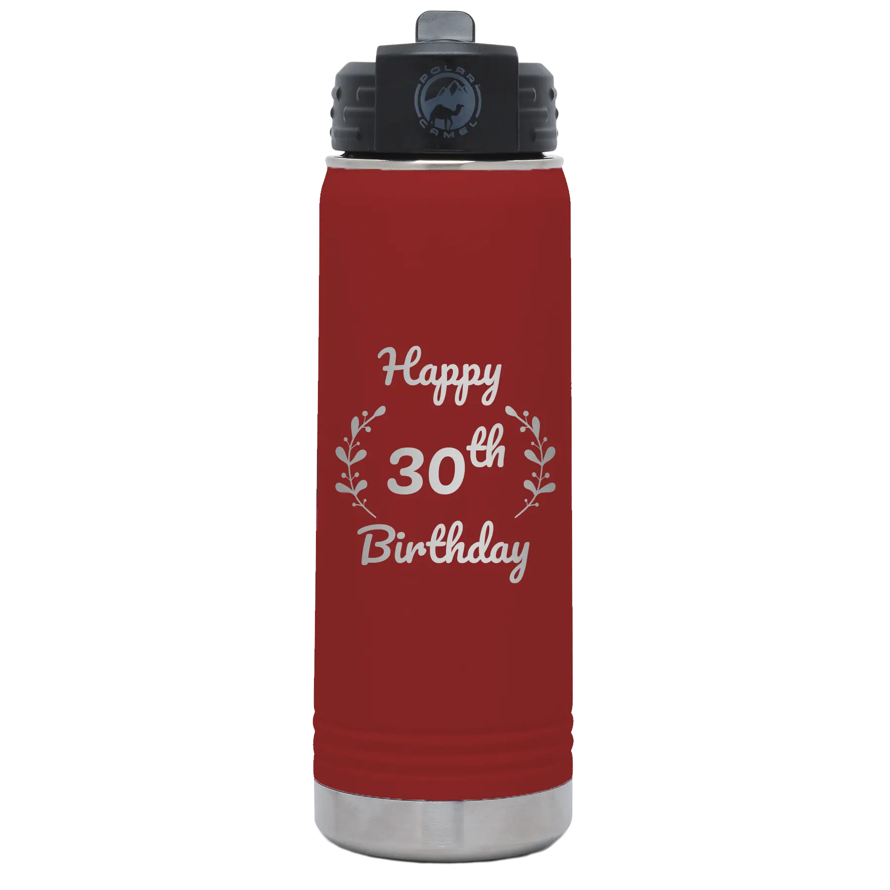 Personalized maroon 20 oz vacuum insulated water bottle with 'Happy Birthday' design