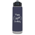 Personalized navy 20 oz vacuum insulated water bottle with 'Happy Birthday' design