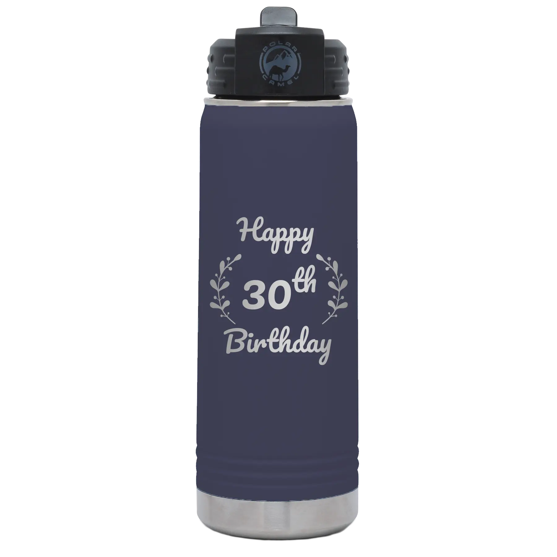 Personalized navy 20 oz vacuum insulated water bottle with 'Happy Birthday' design