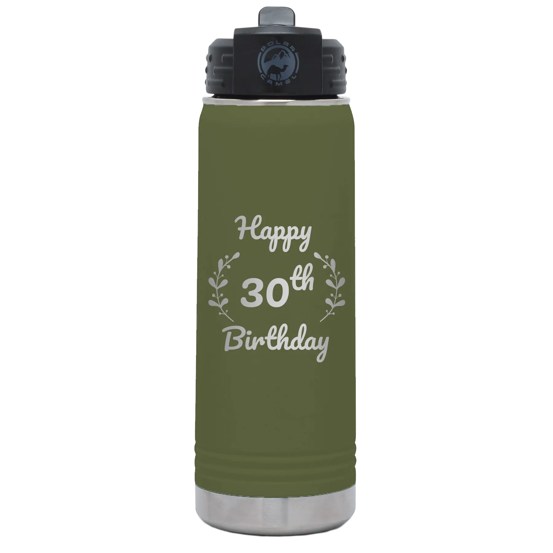 Personalized olive green 20 oz vacuum insulated water bottle with 'Happy Birthday' design
