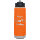 Personalized orange 20 oz vacuum insulated water bottle with 'Happy Birthday' design