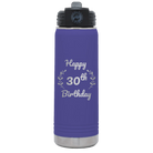 Personalized purple 20 oz vacuum insulated water bottle with 'Happy Birthday' design