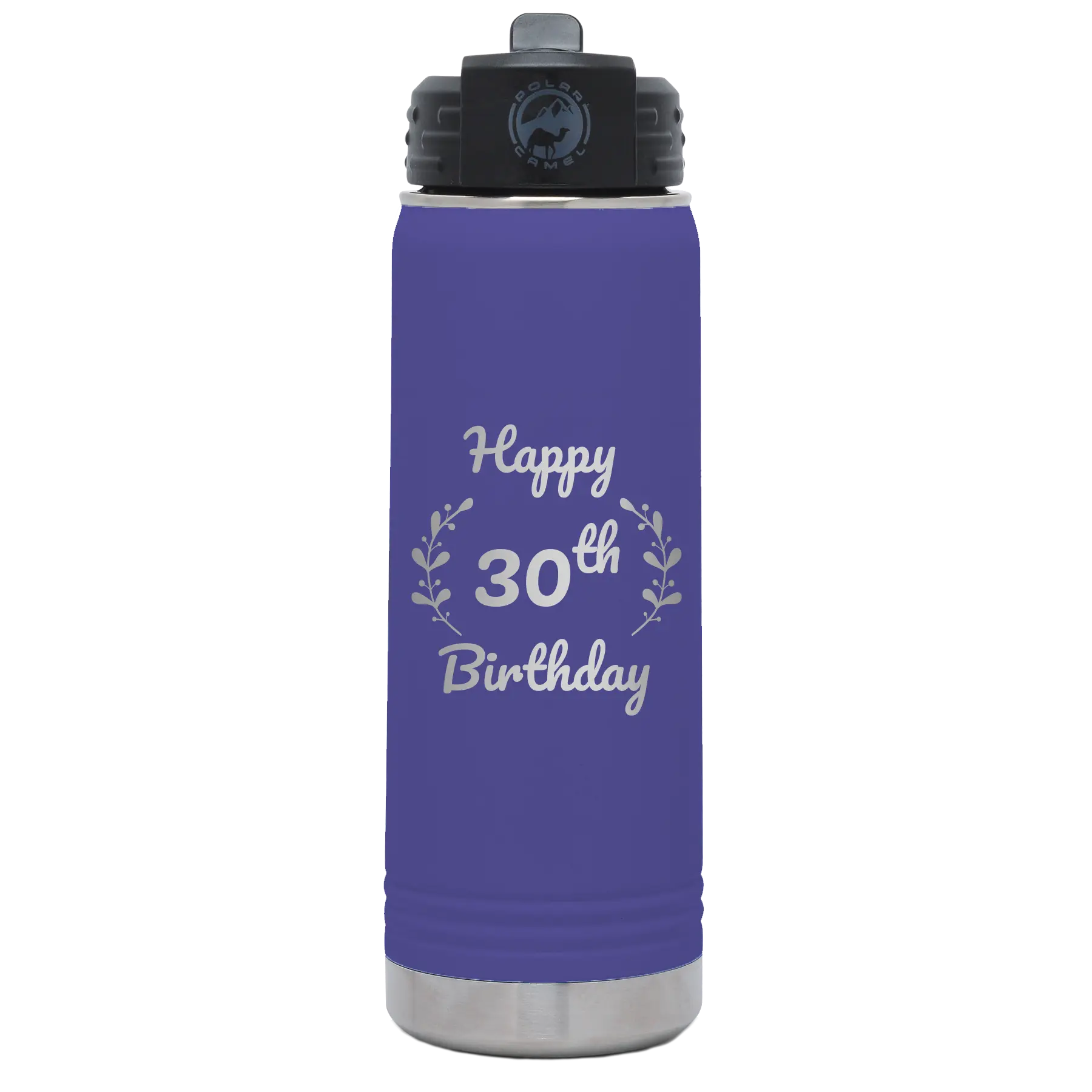 Personalized purple 20 oz vacuum insulated water bottle with 'Happy Birthday' design