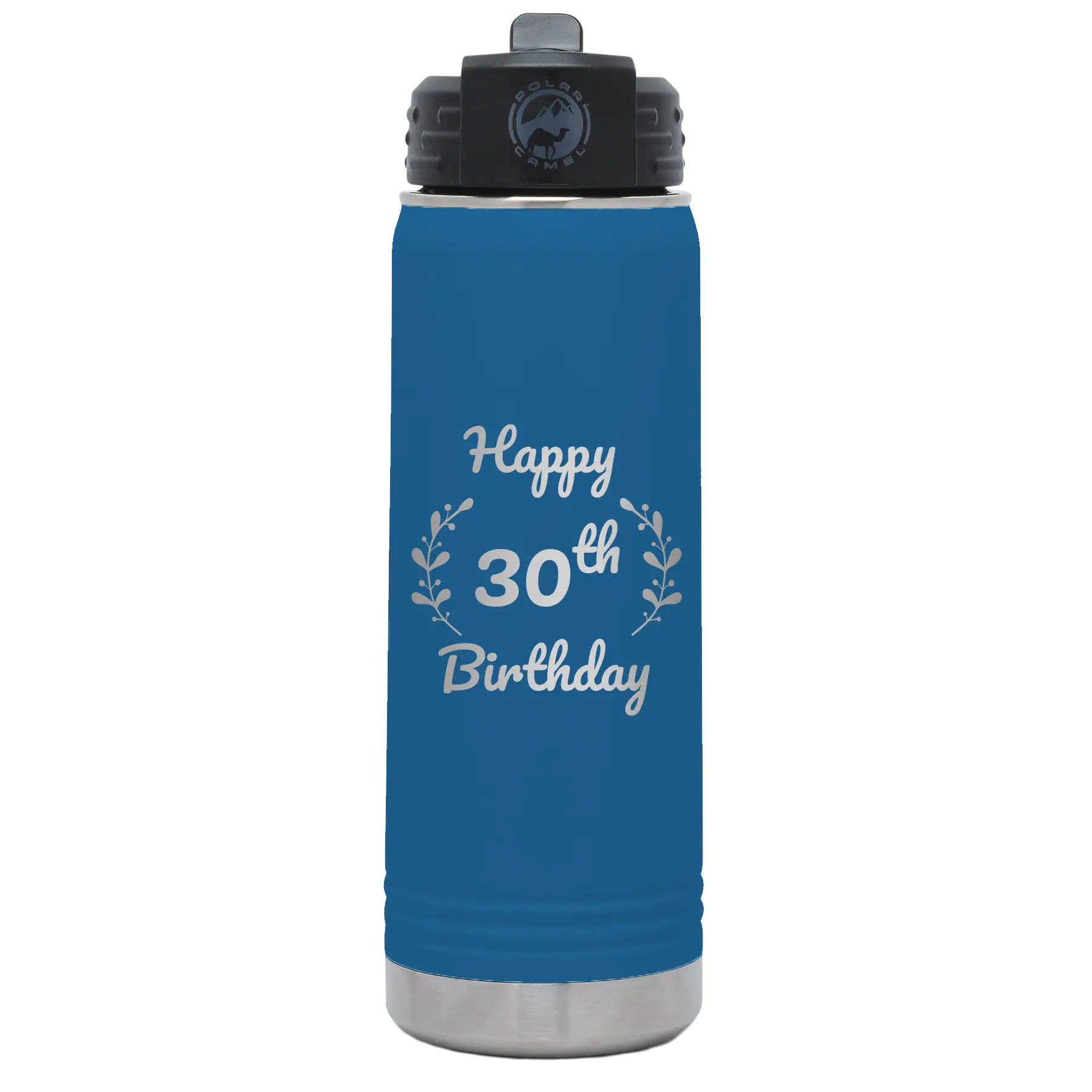 Personalized royal blue 20 oz vacuum insulated water bottle with 'Happy Birthday' design
