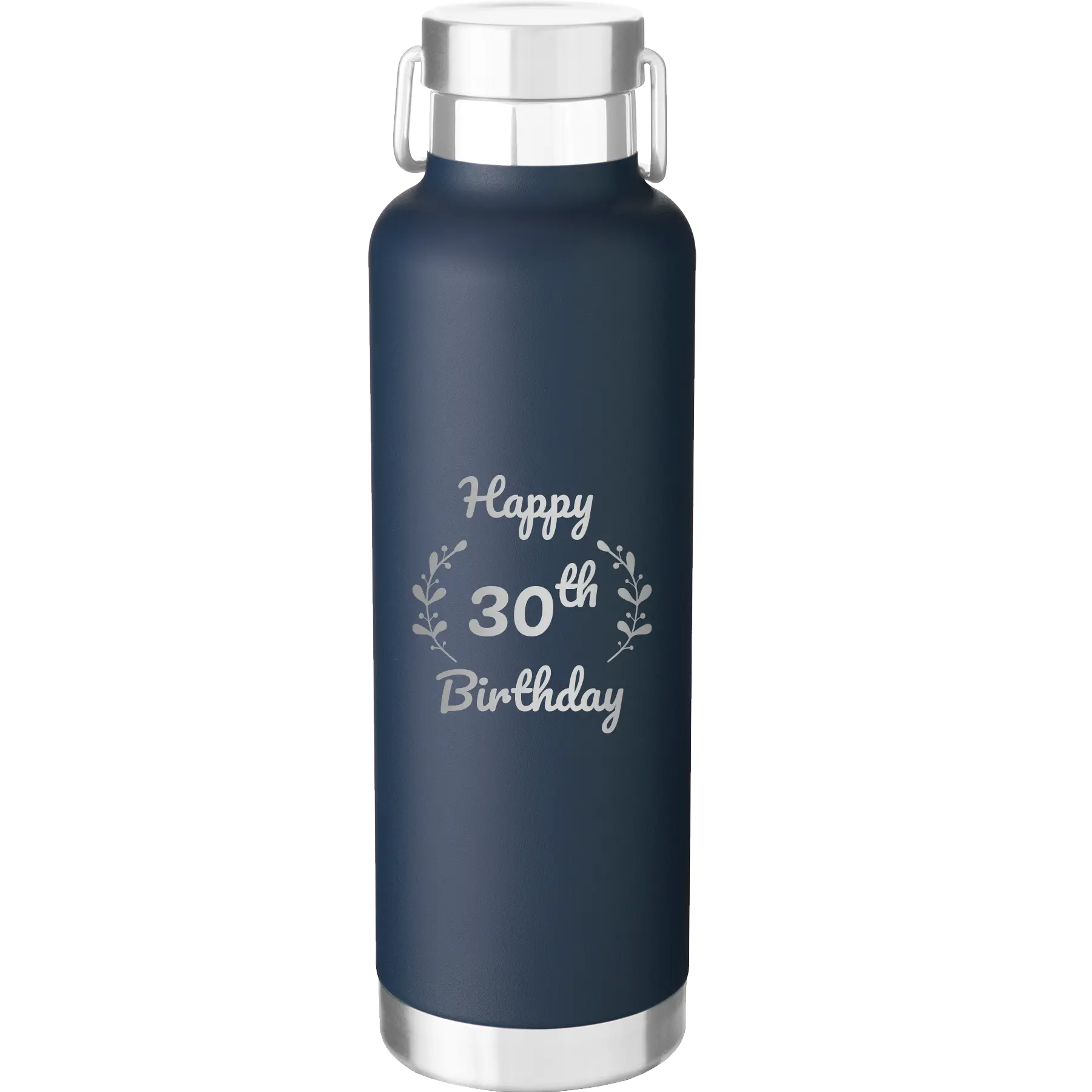 Personalized navy 24 oz vacuum insulated water bottle with 'Happy Birthday' design