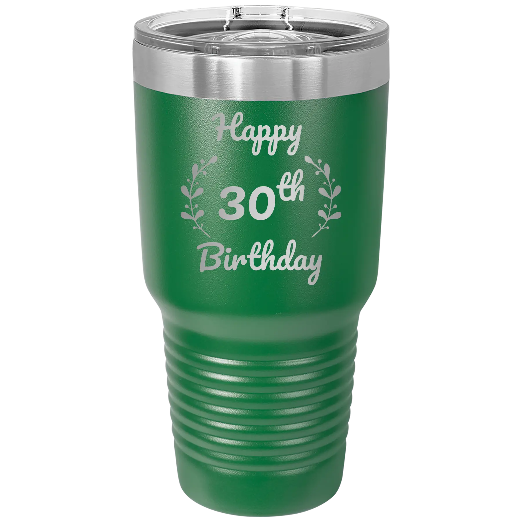 Personalized green 30 oz vacuum insulated tumbler with 'Happy Birthday' design