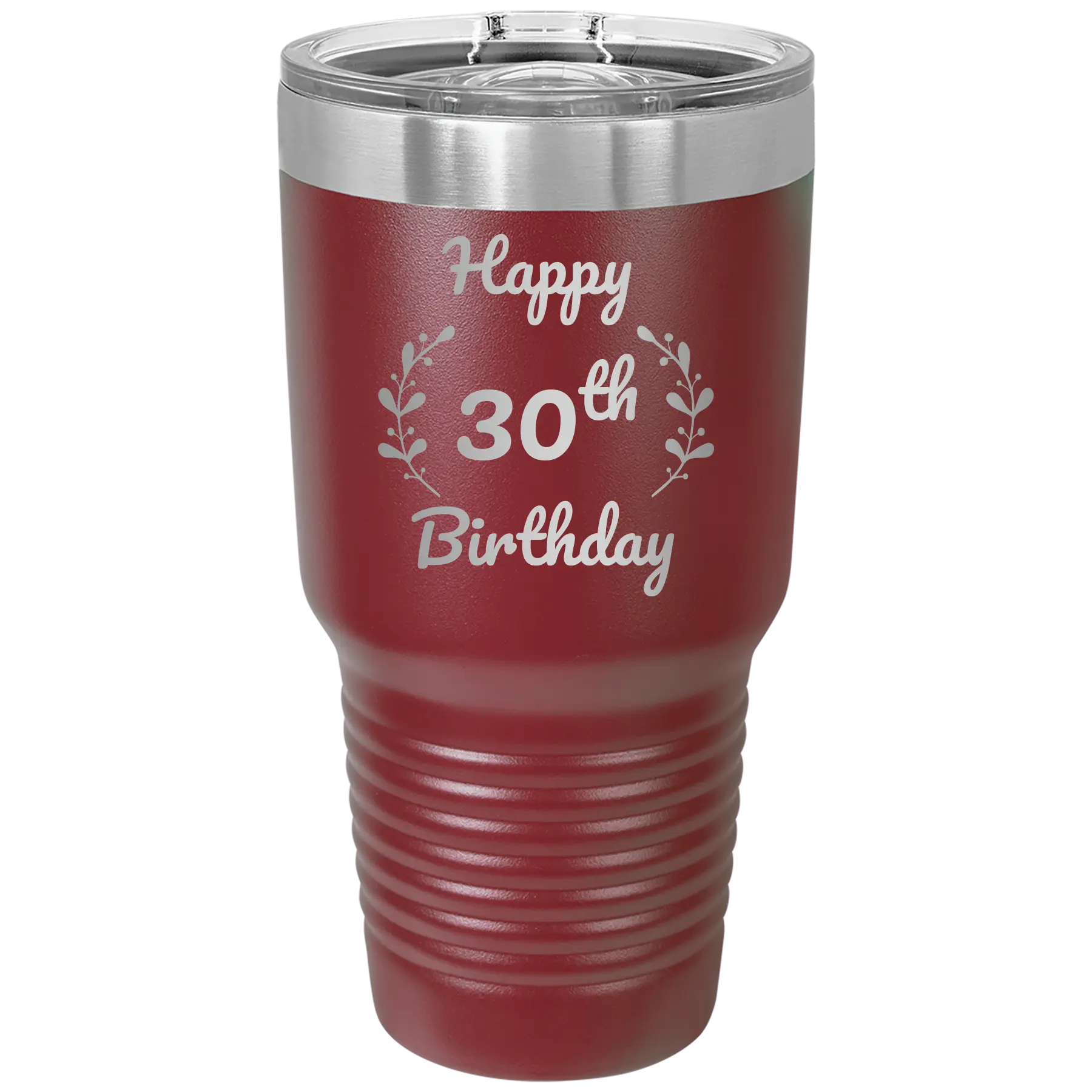 Personalized maroon 30 oz vacuum insulated tumbler with 'Happy Birthday' design