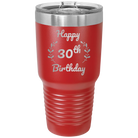 Personalized red 30 oz vacuum insulated tumbler with 'Happy Birthday' design