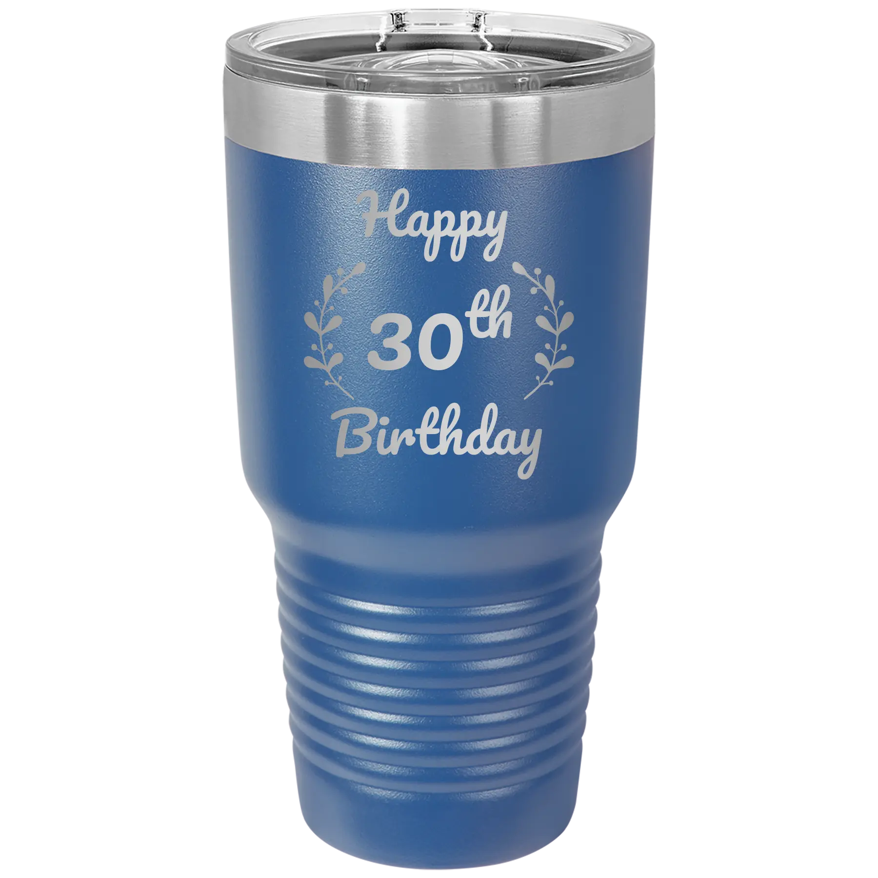 Personalized royal blue 30 oz vacuum insulated tumbler with 'Happy Birthday' design