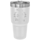 Personalized white 30 oz vacuum insulated tumbler with 'Happy Birthday' design