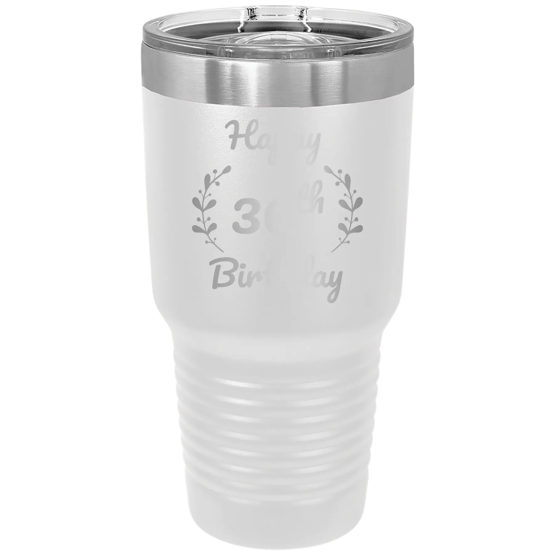 Personalized white 30 oz vacuum insulated tumbler with 'Happy Birthday' design