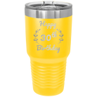 Personalized yellow 30 oz vacuum insulated tumbler with 'Happy Birthday' design