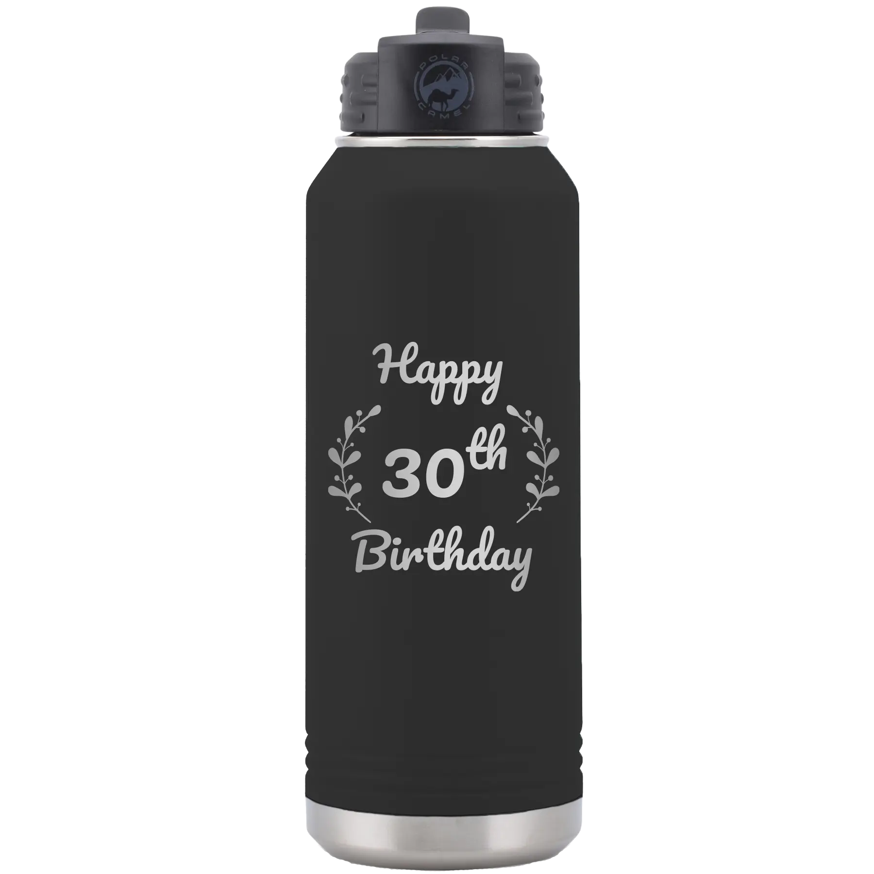 Personalized black 32 oz vacuum insulated water bottle with 'Happy Birthday' design