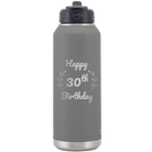 Personalized dark gray 32 oz vacuum insulated water bottle with 'Happy Birthday' design