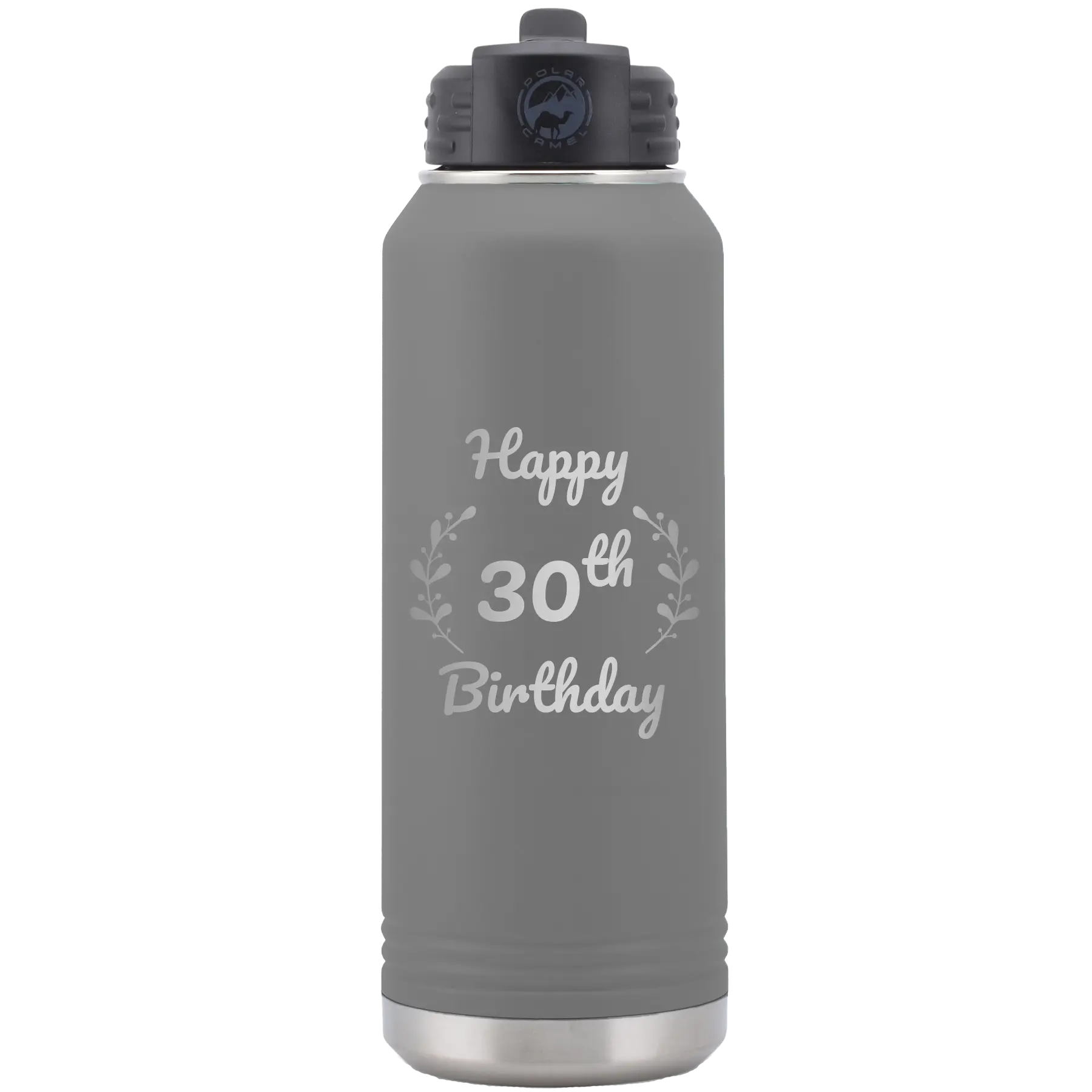 Personalized dark gray 32 oz vacuum insulated water bottle with 'Happy Birthday' design