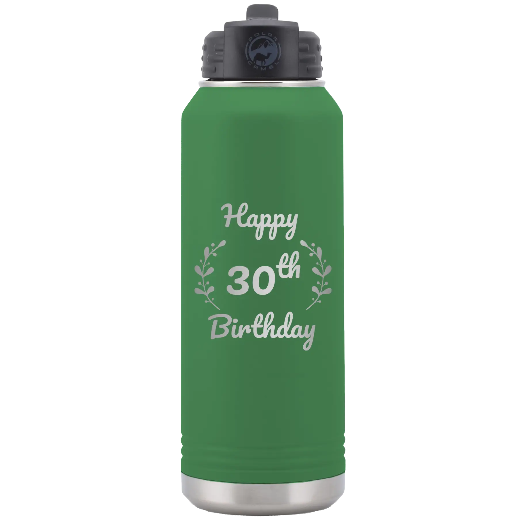 Personalized green 32 oz vacuum insulated water bottle with 'Happy Birthday' design