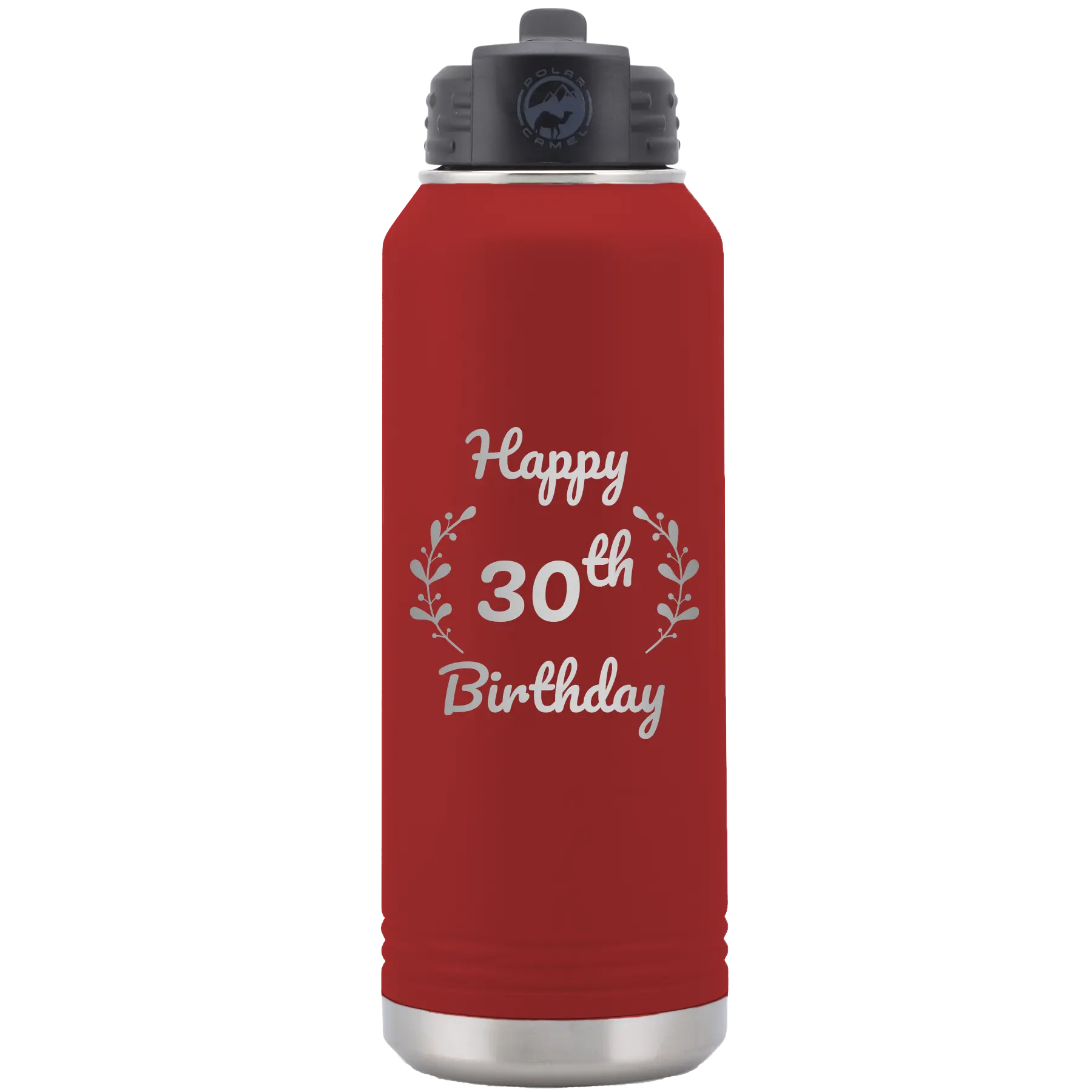 Personalized maroon 32 oz vacuum insulated water bottle with 'Happy Birthday' design