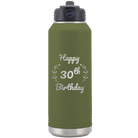 Personalized olive green 32 oz vacuum insulated water bottle with 'Happy Birthday' design