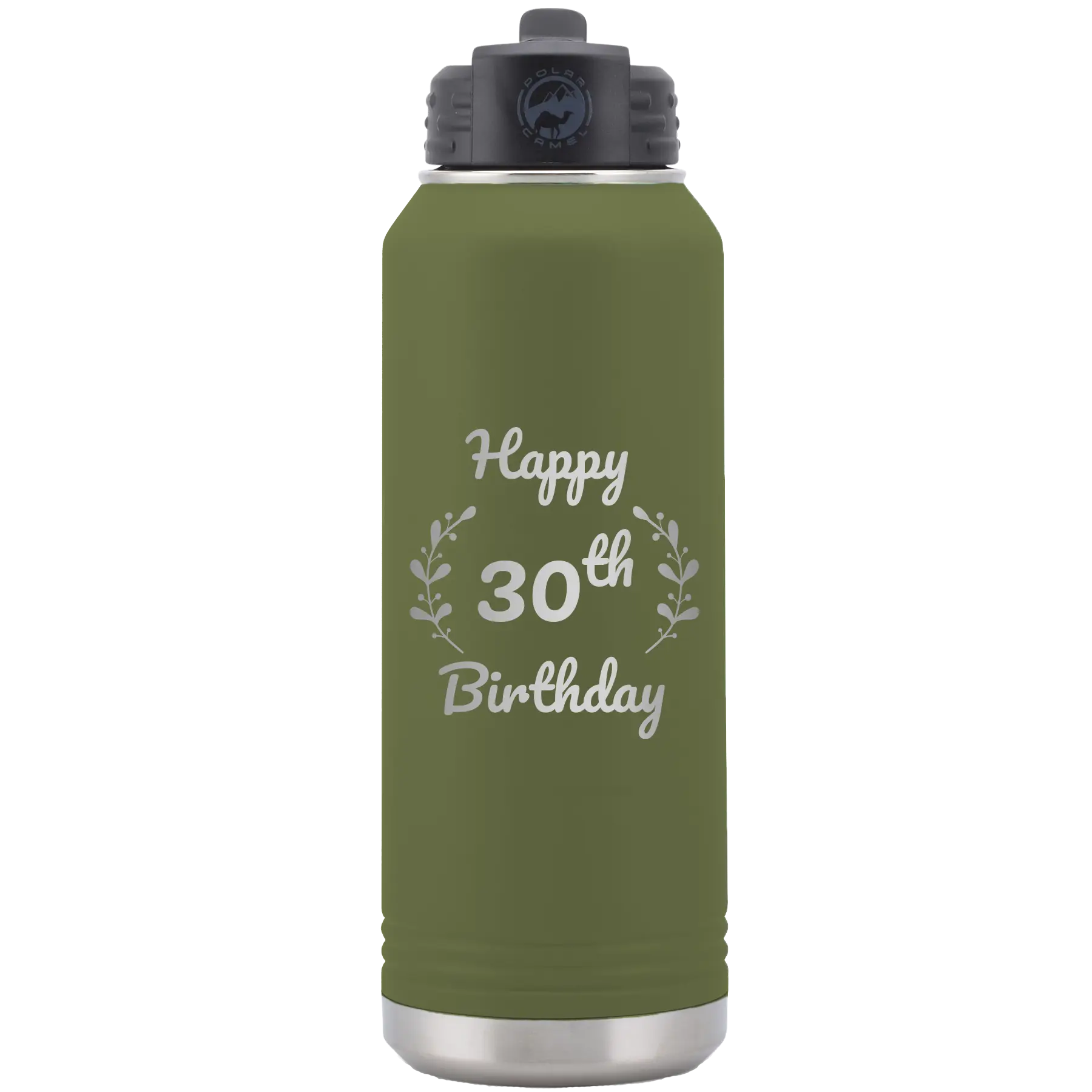 Personalized olive green 32 oz vacuum insulated water bottle with 'Happy Birthday' design