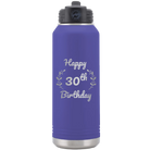 Personalized purple 32 oz vacuum insulated water bottle with 'Happy Birthday' design
