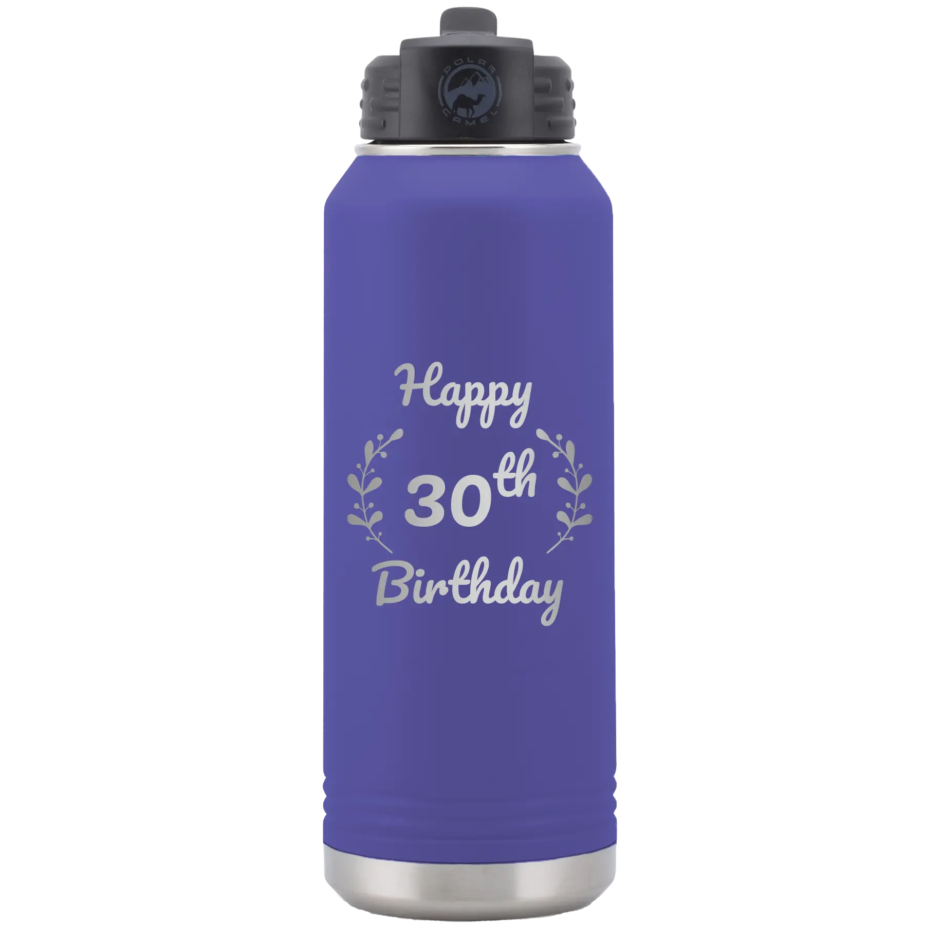 Personalized purple 32 oz vacuum insulated water bottle with 'Happy Birthday' design