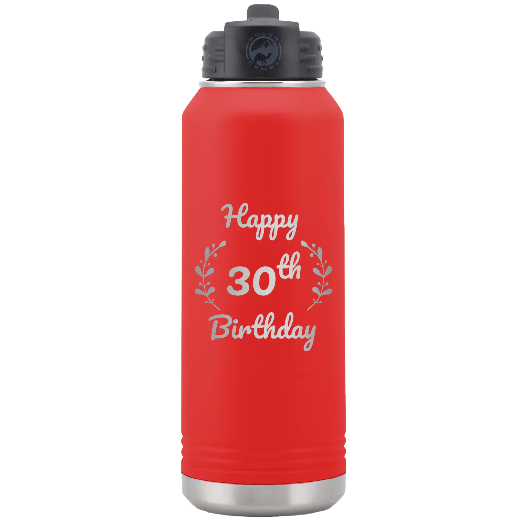 Personalized red 32 oz vacuum insulated water bottle with 'Happy Birthday' design