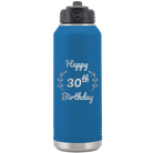 Personalized royal blue 32 oz vacuum insulated water bottle with 'Happy Birthday' design