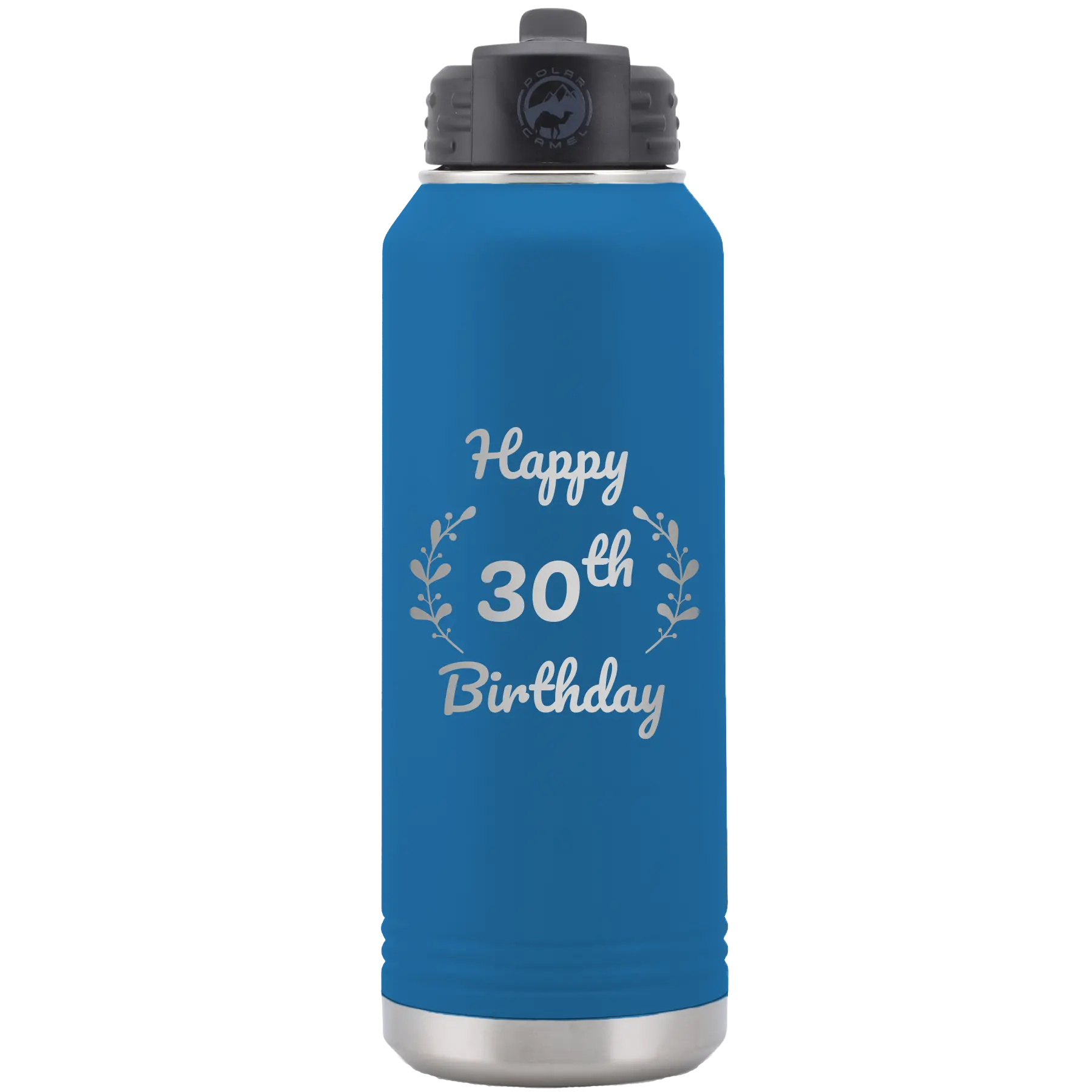 Personalized royal blue 32 oz vacuum insulated water bottle with 'Happy Birthday' design