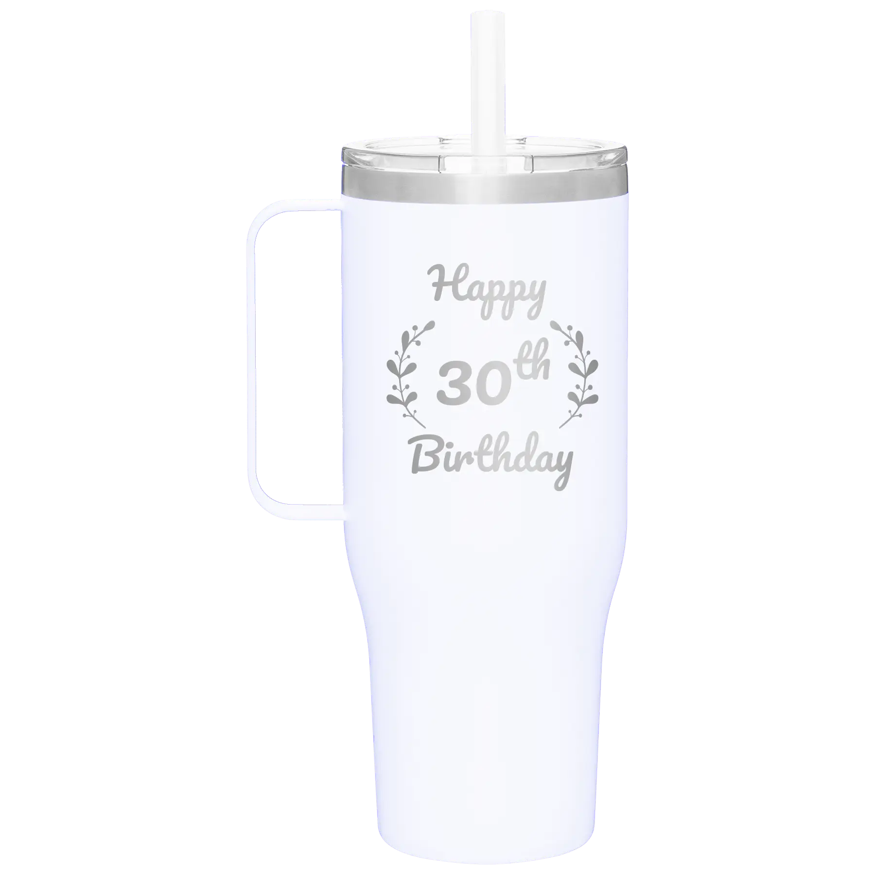 Personalized white 40 oz vacuum insulated tumbler mug with 'Happy Birthday' design