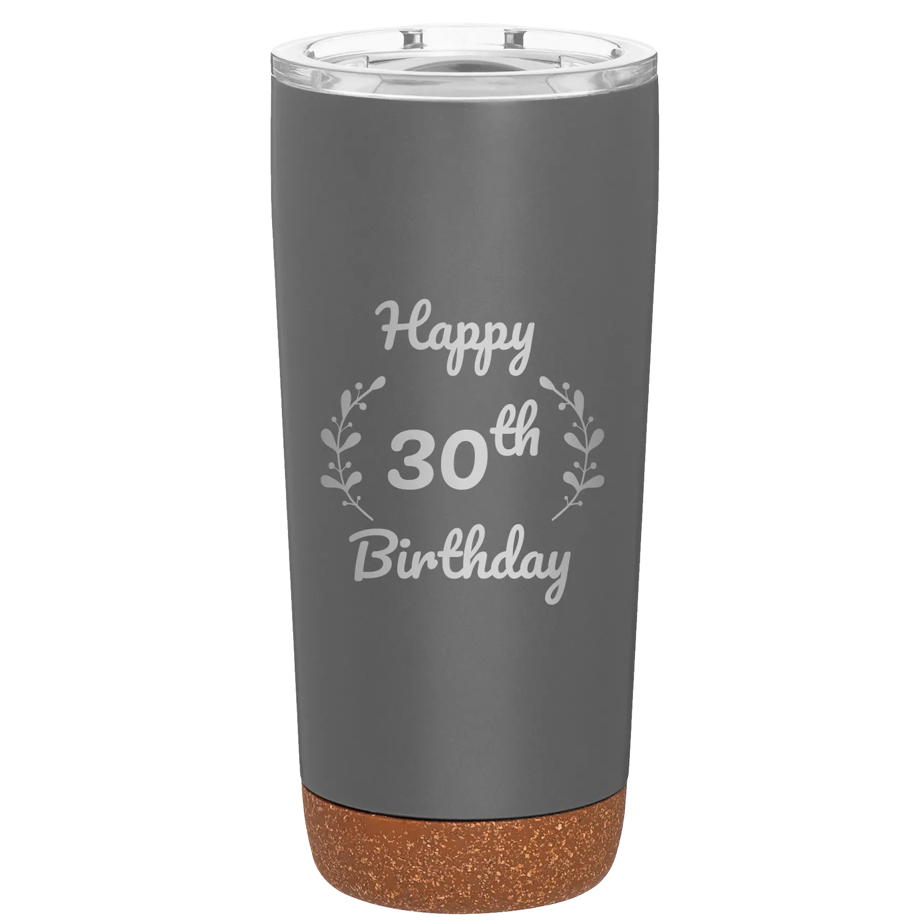 Personalized storm gray 20 oz vacuum insulated tumbler with 'Happy Birthday' design