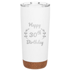 Personalized white 20 oz vacuum insulated tumbler with 'Happy Birthday' design