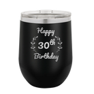 Personalized black 12 oz vacuum insulated wine cup with 'Happy Birthday' design