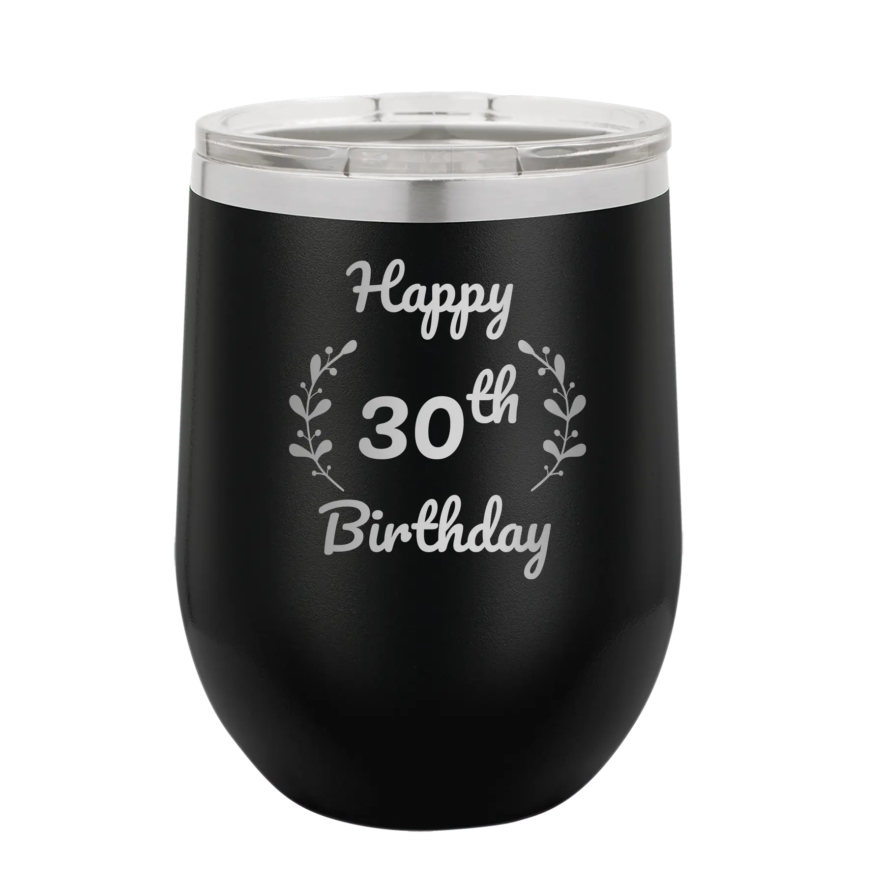 Personalized black 12 oz vacuum insulated wine cup with 'Happy Birthday' design