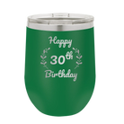 Personalized green 12 oz vacuum insulated wine cup with 'Happy Birthday' design