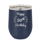 Personalized navy 12 oz vacuum insulated wine cup with 'Happy Birthday' design