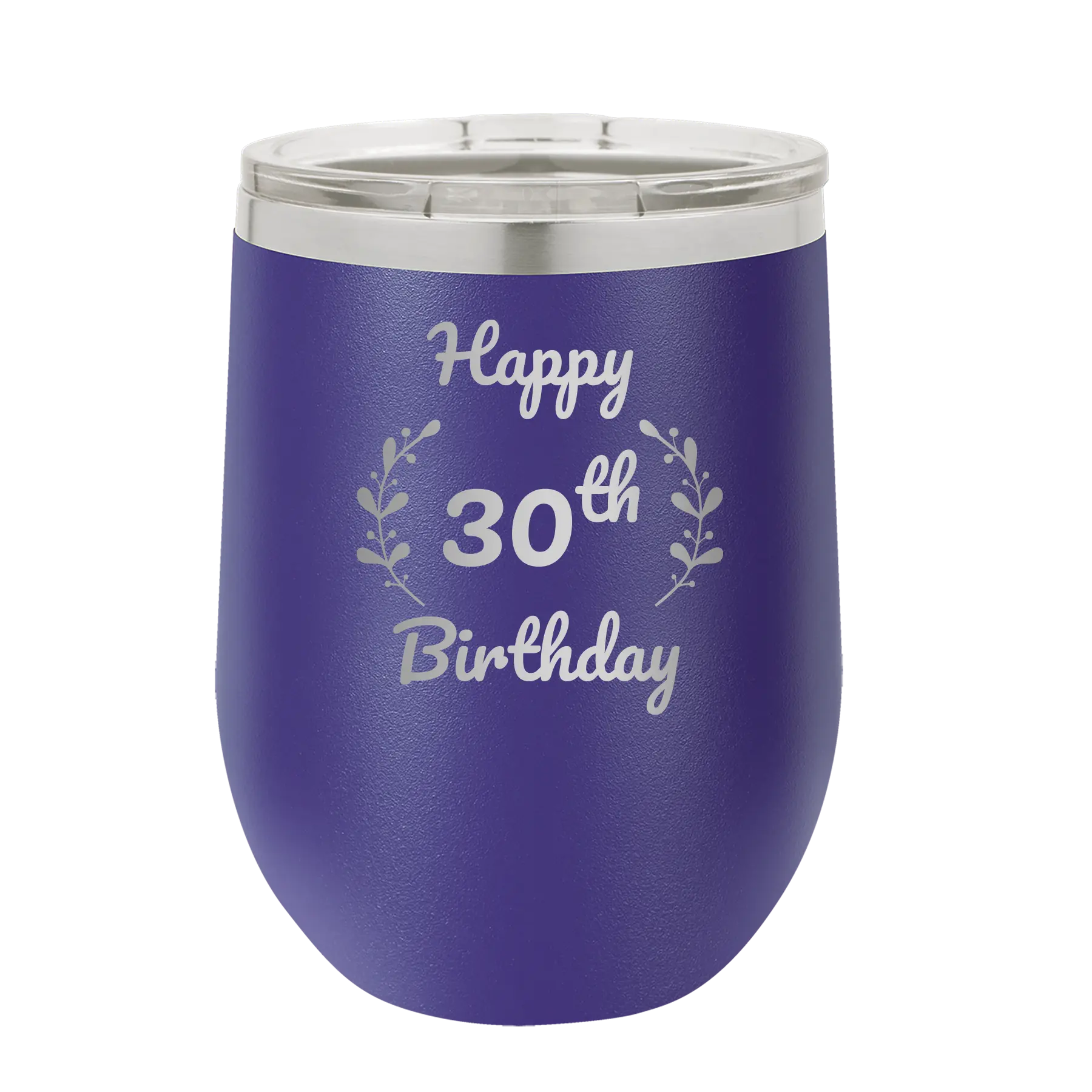 Personalized purple 12 oz vacuum insulated wine cup with 'Happy Birthday' design