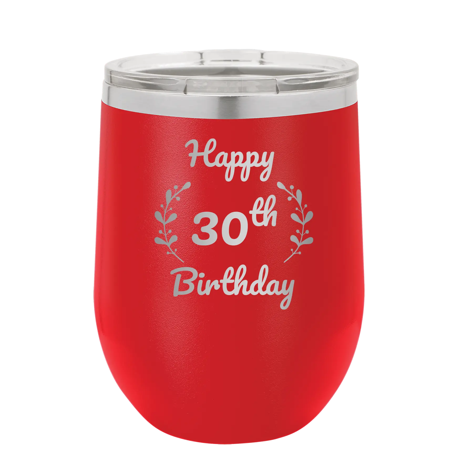 Personalized red 12 oz vacuum insulated wine cup with 'Happy Birthday' design