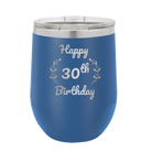 Personalized royal blue 12 oz vacuum insulated wine cup with 'Happy Birthday' design