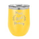 Personalized yellow 12 oz vacuum insulated wine cup with 'Happy Birthday' design