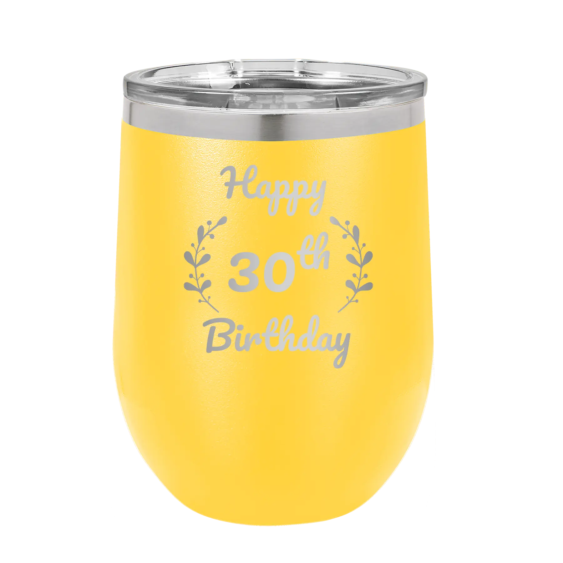 Personalized yellow 12 oz vacuum insulated wine cup with 'Happy Birthday' design