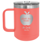 Personalized coral 15 oz vacuum insulated coffee mug with 'Worlds Best Teacher' design