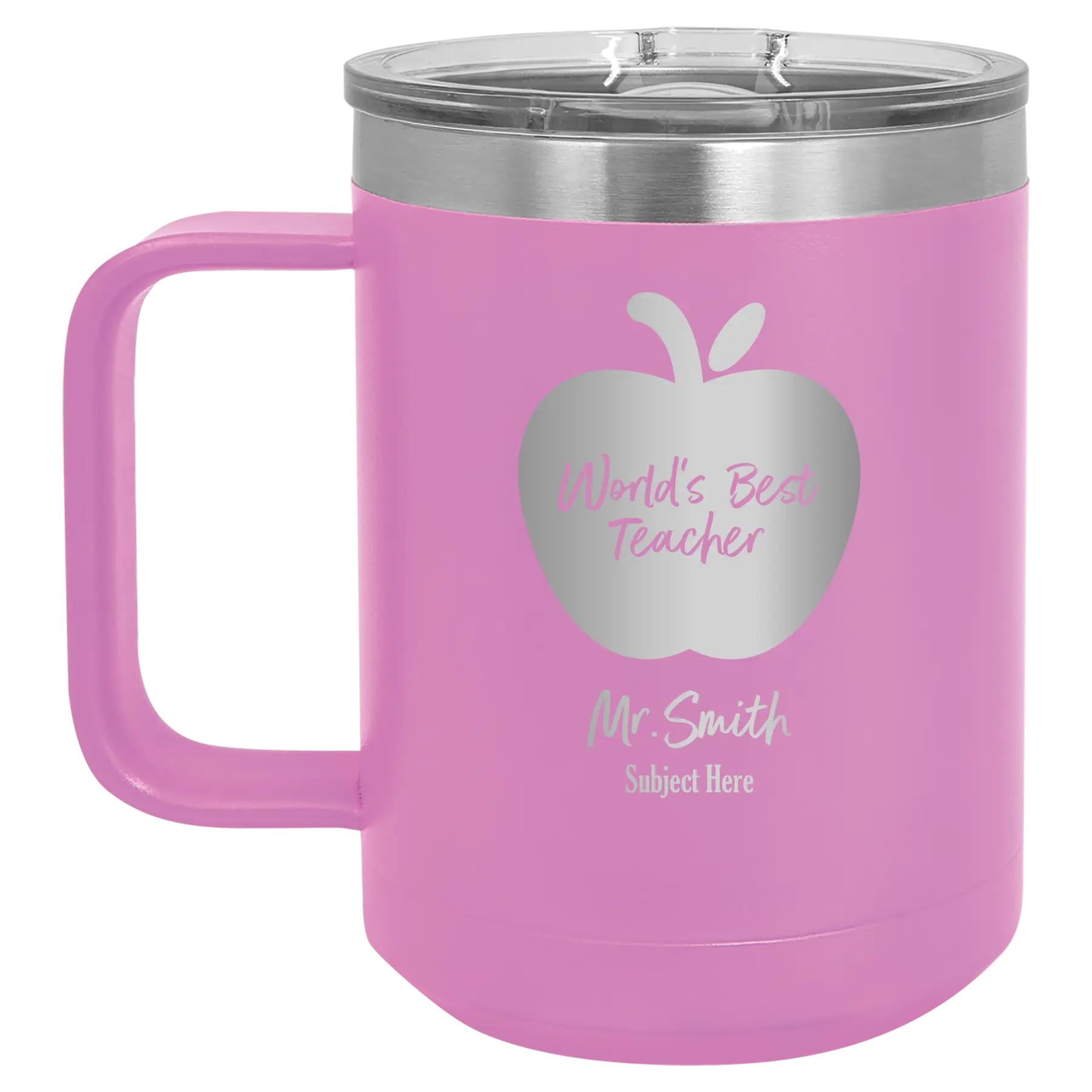 Personalized light purple 15 oz vacuum insulated coffee mug with 'Worlds Best Teacher' design