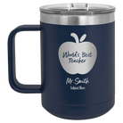 Personalized navy 15 oz vacuum insulated coffee mug with 'Worlds Best Teacher' design