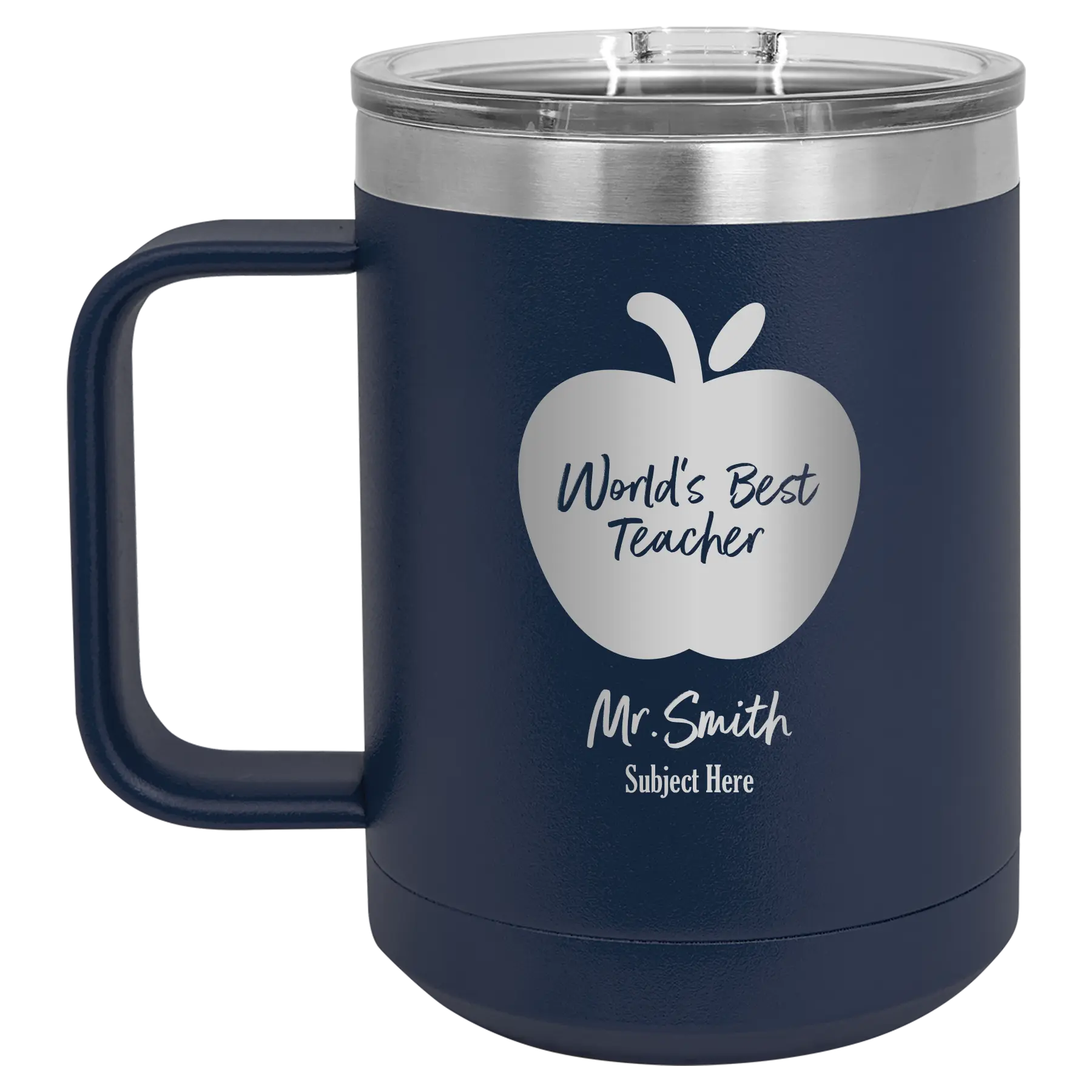 Personalized navy 15 oz vacuum insulated coffee mug with 'Worlds Best Teacher' design