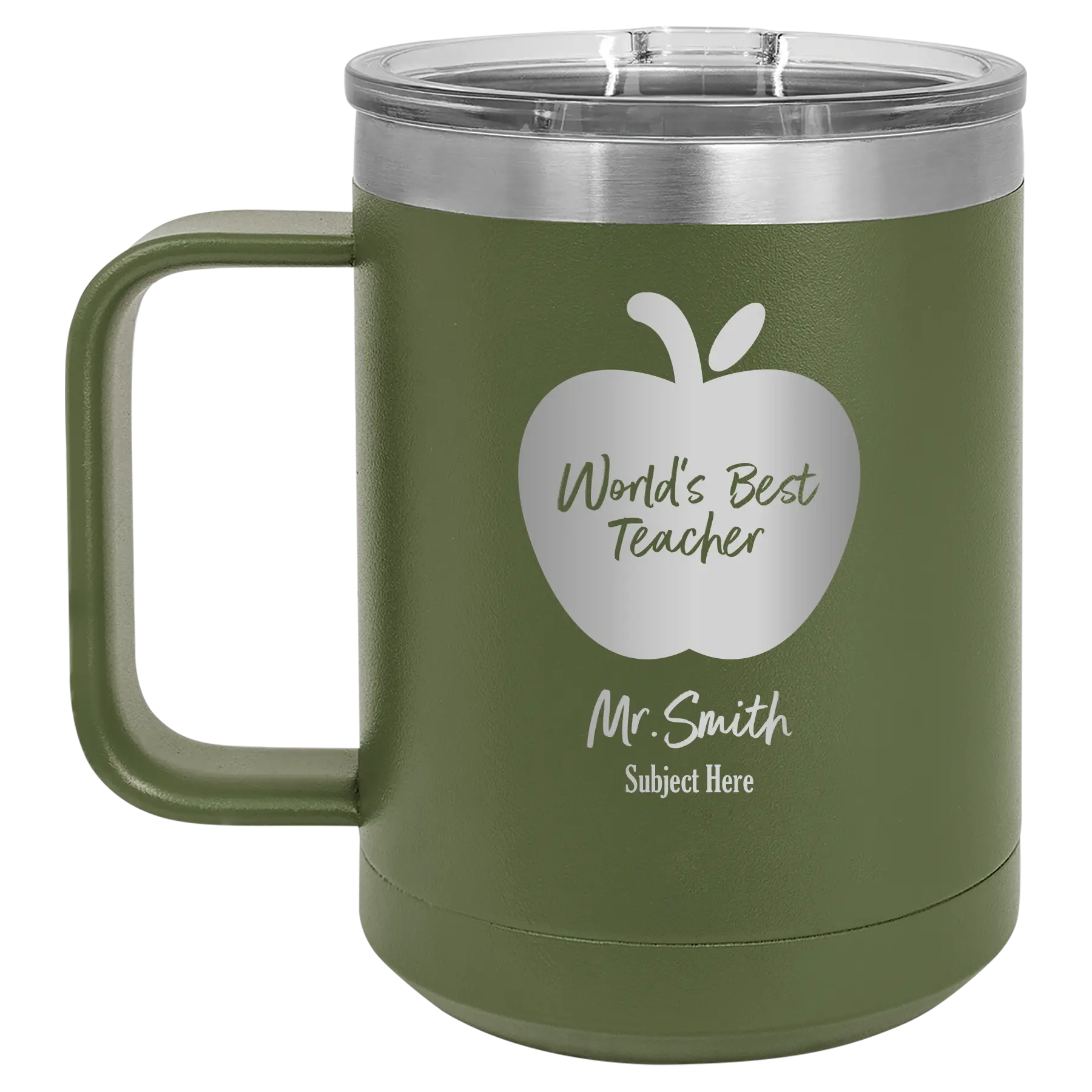 Personalized olive green 15 oz vacuum insulated coffee mug with 'Worlds Best Teacher' design