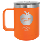 Personalized orange 15 oz vacuum insulated coffee mug with 'Worlds Best Teacher' design