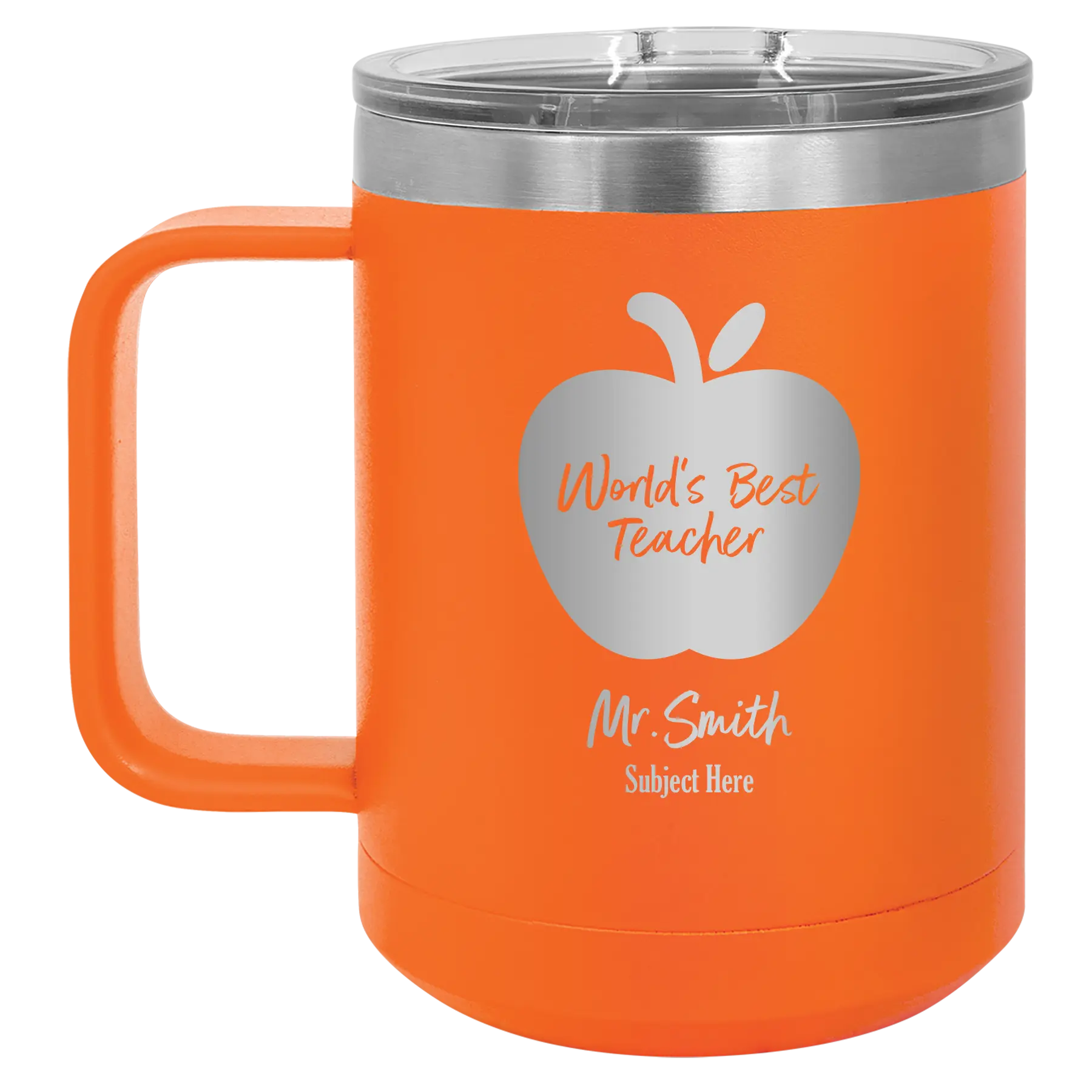 Personalized orange 15 oz vacuum insulated coffee mug with 'Worlds Best Teacher' design