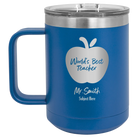 Personalized royal blue 15 oz vacuum insulated coffee mug with 'Worlds Best Teacher' design