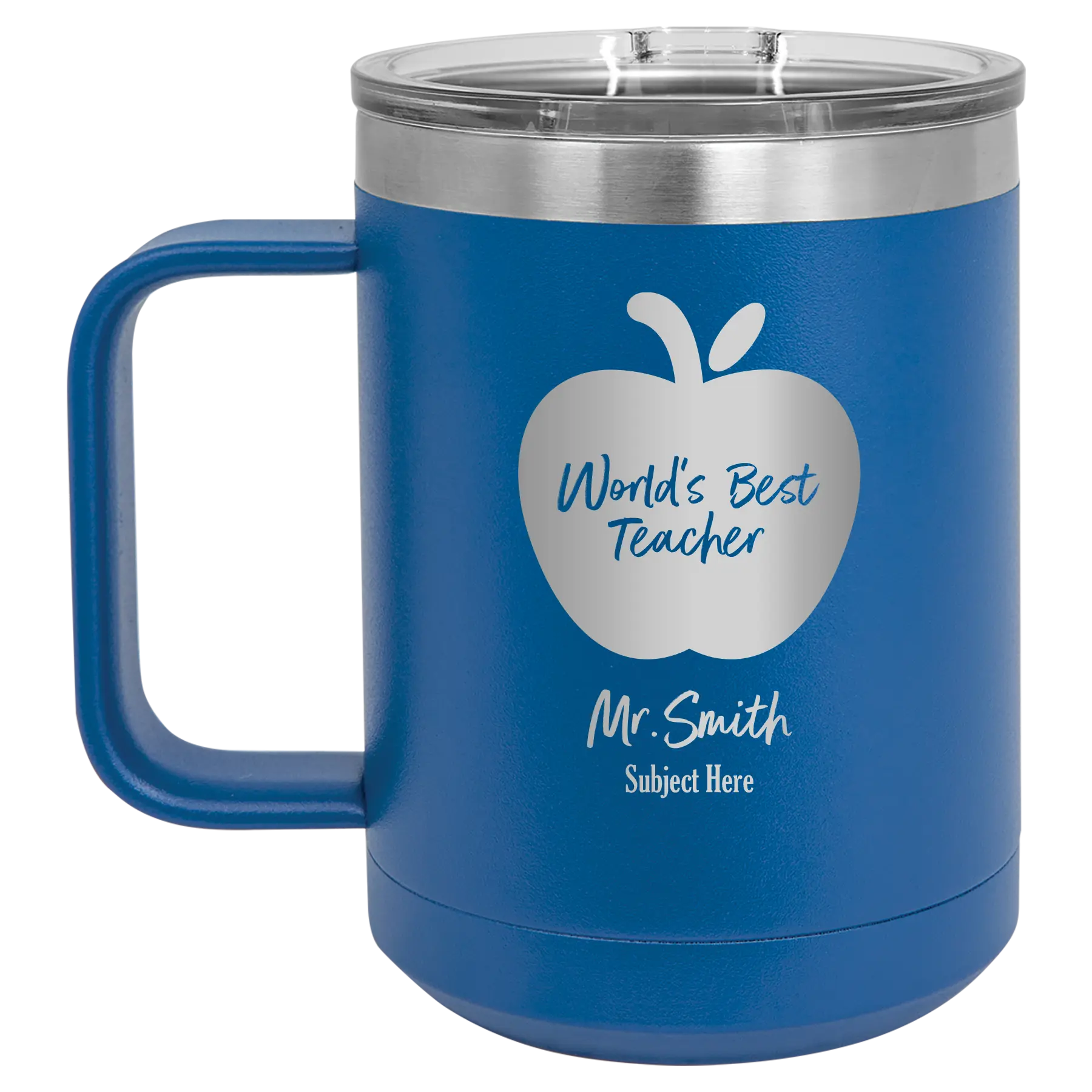 Personalized royal blue 15 oz vacuum insulated coffee mug with 'Worlds Best Teacher' design
