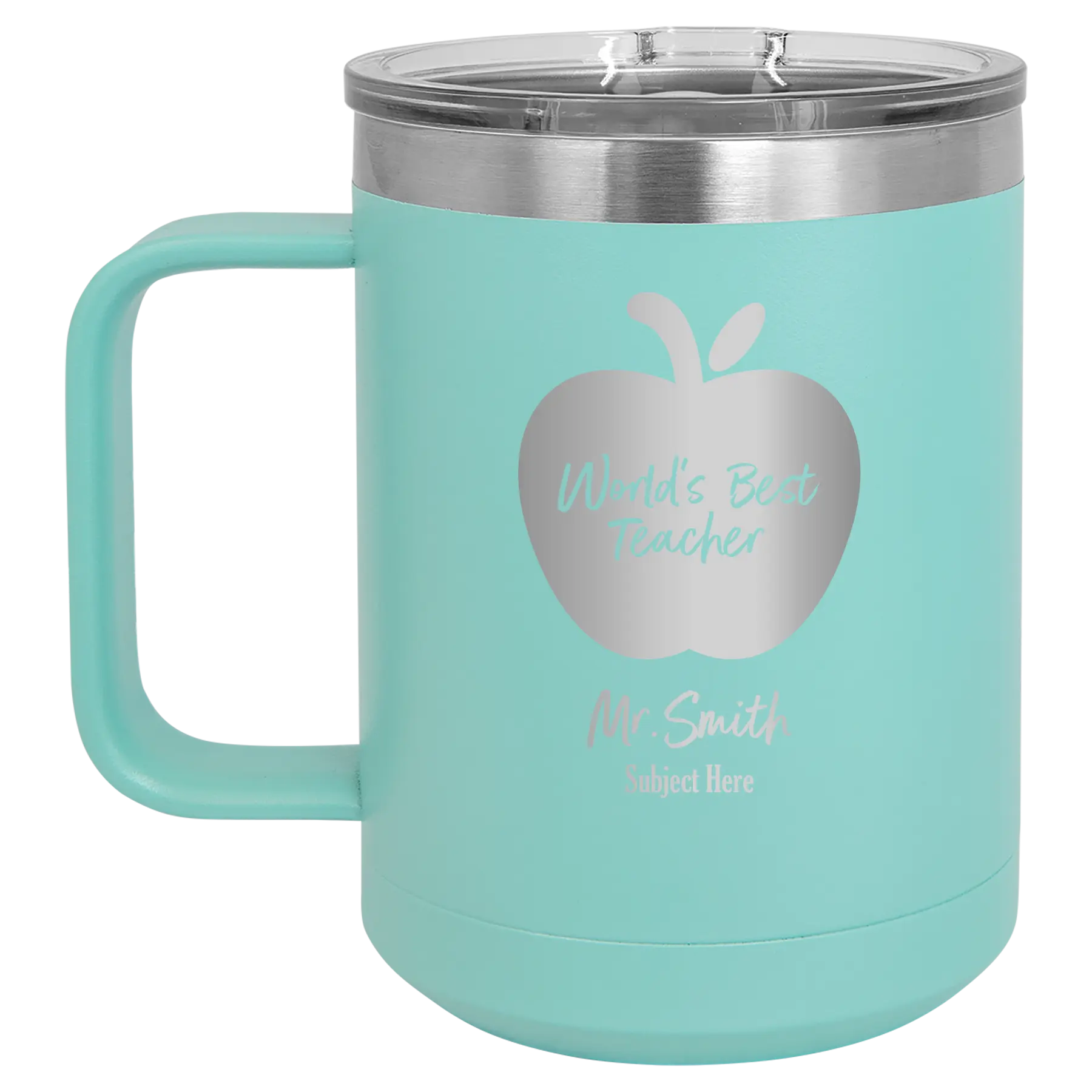 Personalized teal 15 oz vacuum insulated coffee mug with 'Worlds Best Teacher' design